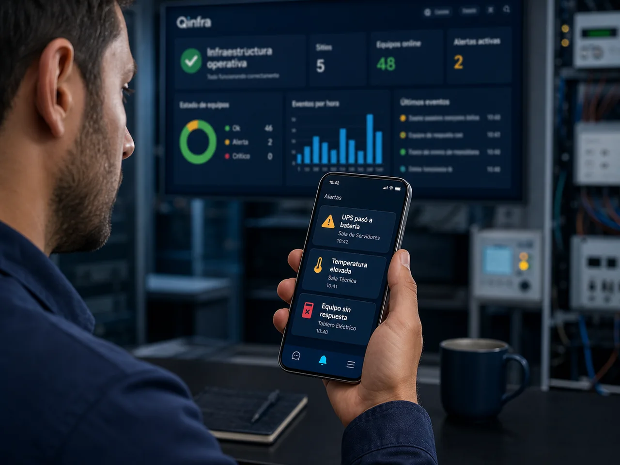 Responsable recibiendo alertas de infraestructura crítica en un celular sin logos de marcas externas