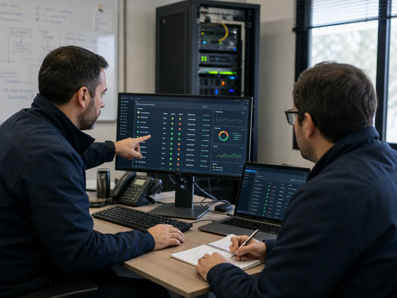 Equipo técnico revisando un dashboard realista de infraestructura en una oficina operativa