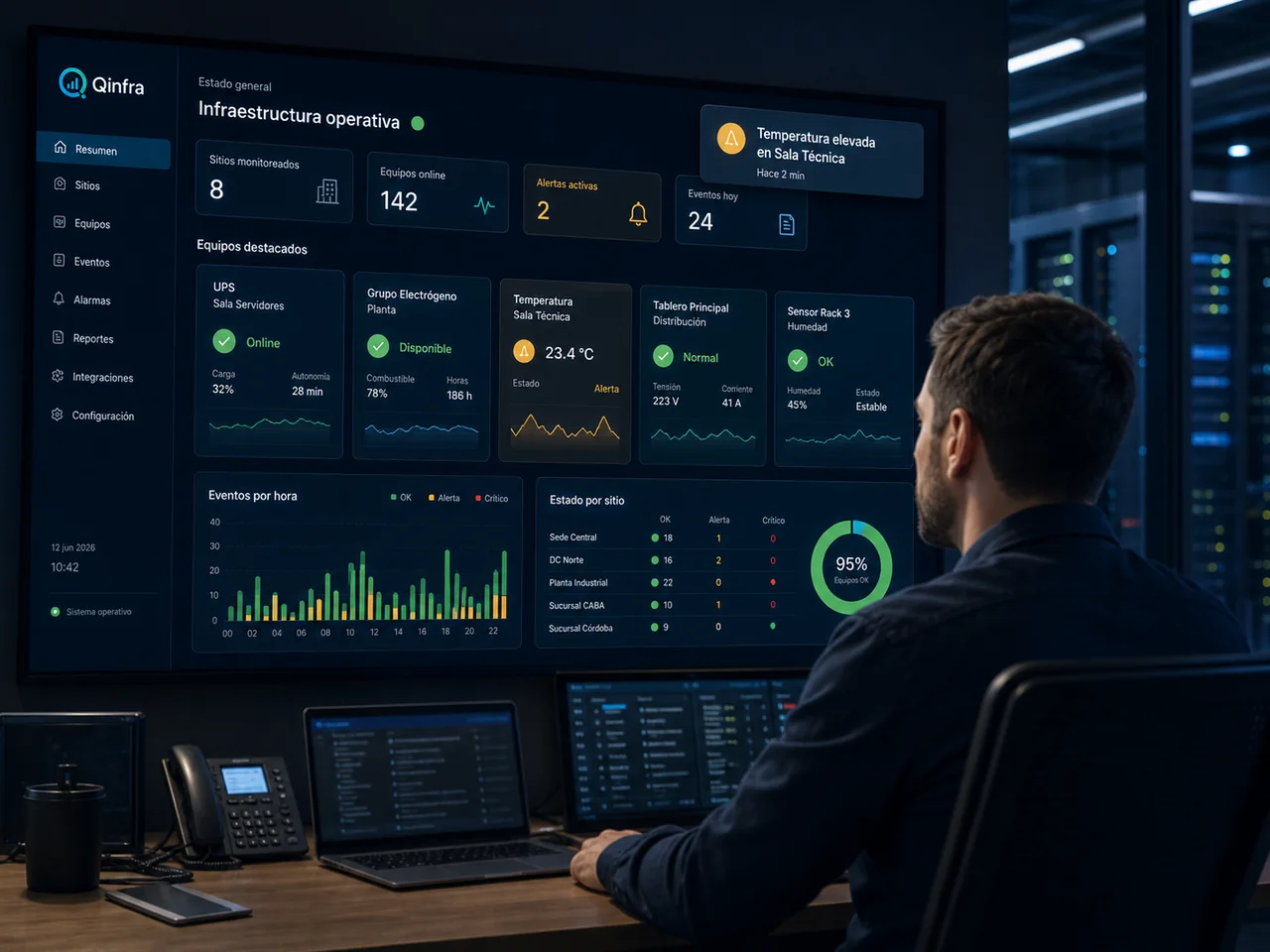 Responsable de infraestructura revisando un dashboard de monitoreo con alerta de temperatura elevada