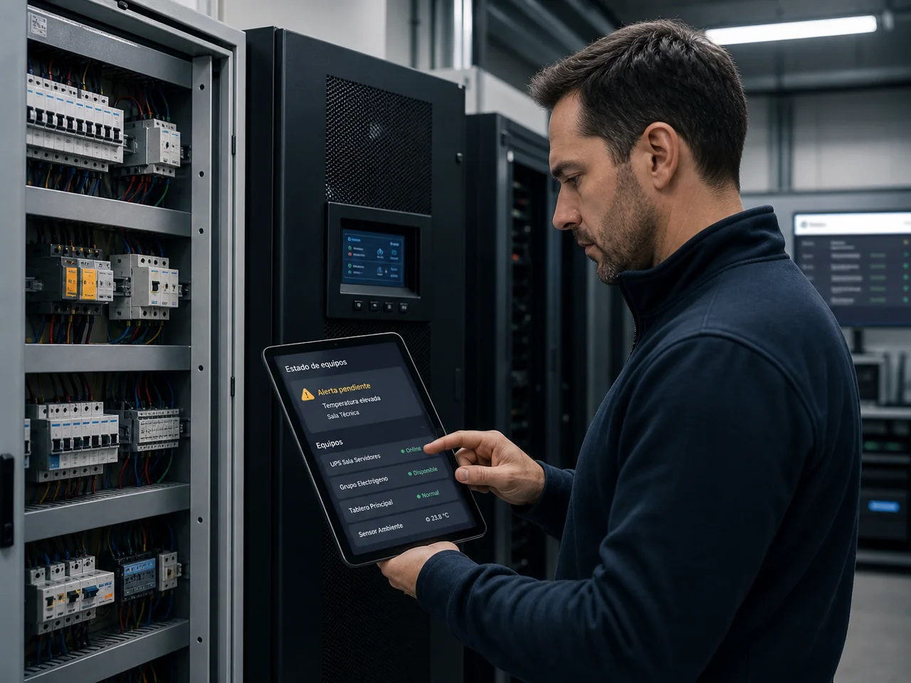 Técnico revisando manualmente equipos críticos en una sala técnica con una alerta pendiente en tablet